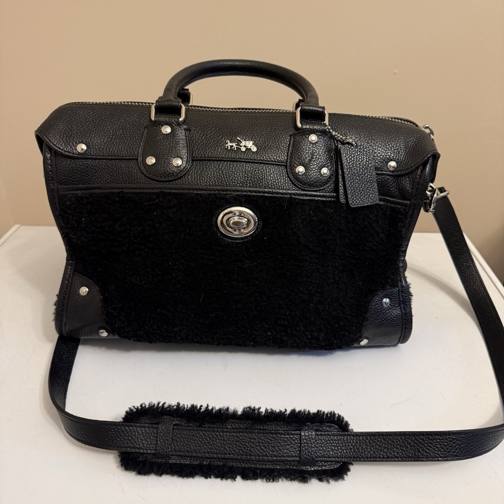 Coach 36478 Rhyder Satchel 18 In Shearing Fur Black With Shoulder Strap